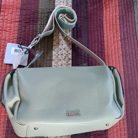 PINK STIX* sage green vegan crossbody adj. strap, dust bag zip top, 2 inside pkt - Picture 3 of 13